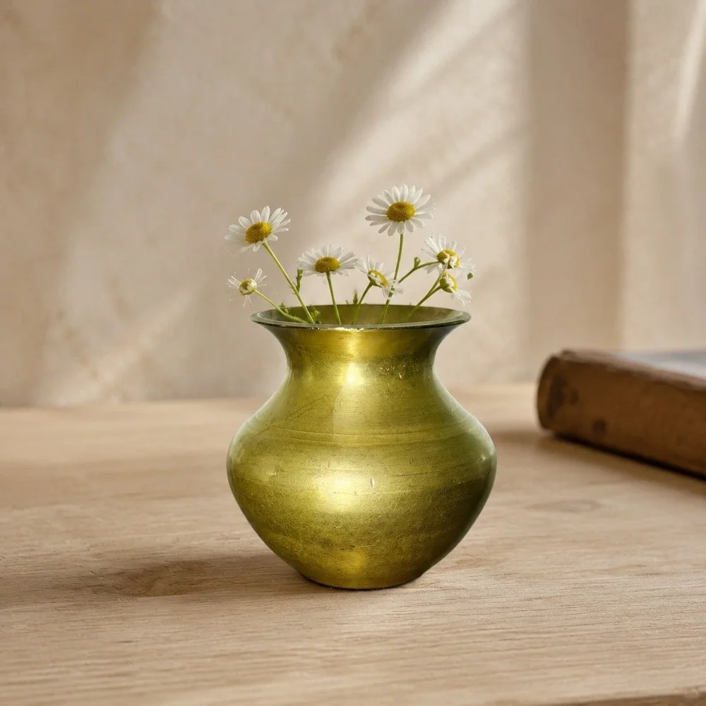 Vintage Miniature Brass Vase Small Round Bud Vase Gold Tone Decor 2.5